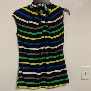 High neck Wothington high neck black top with blue grey and yellow stripes.